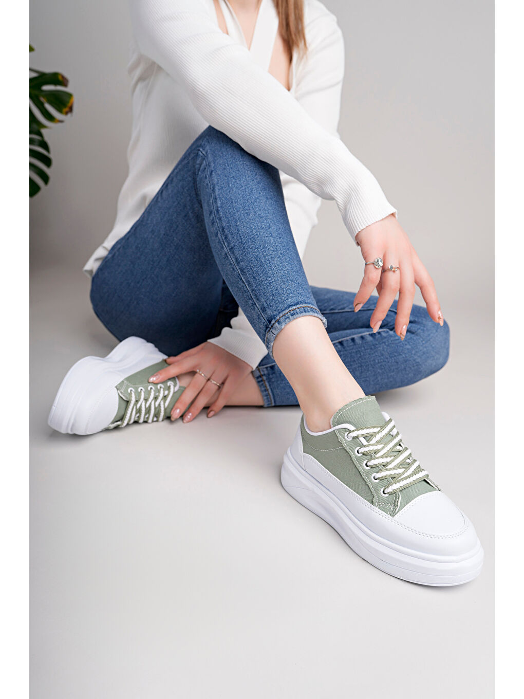 Yeşil Kadın Yüksek Taban Dama Desenli Günlük Ayakkabı-1