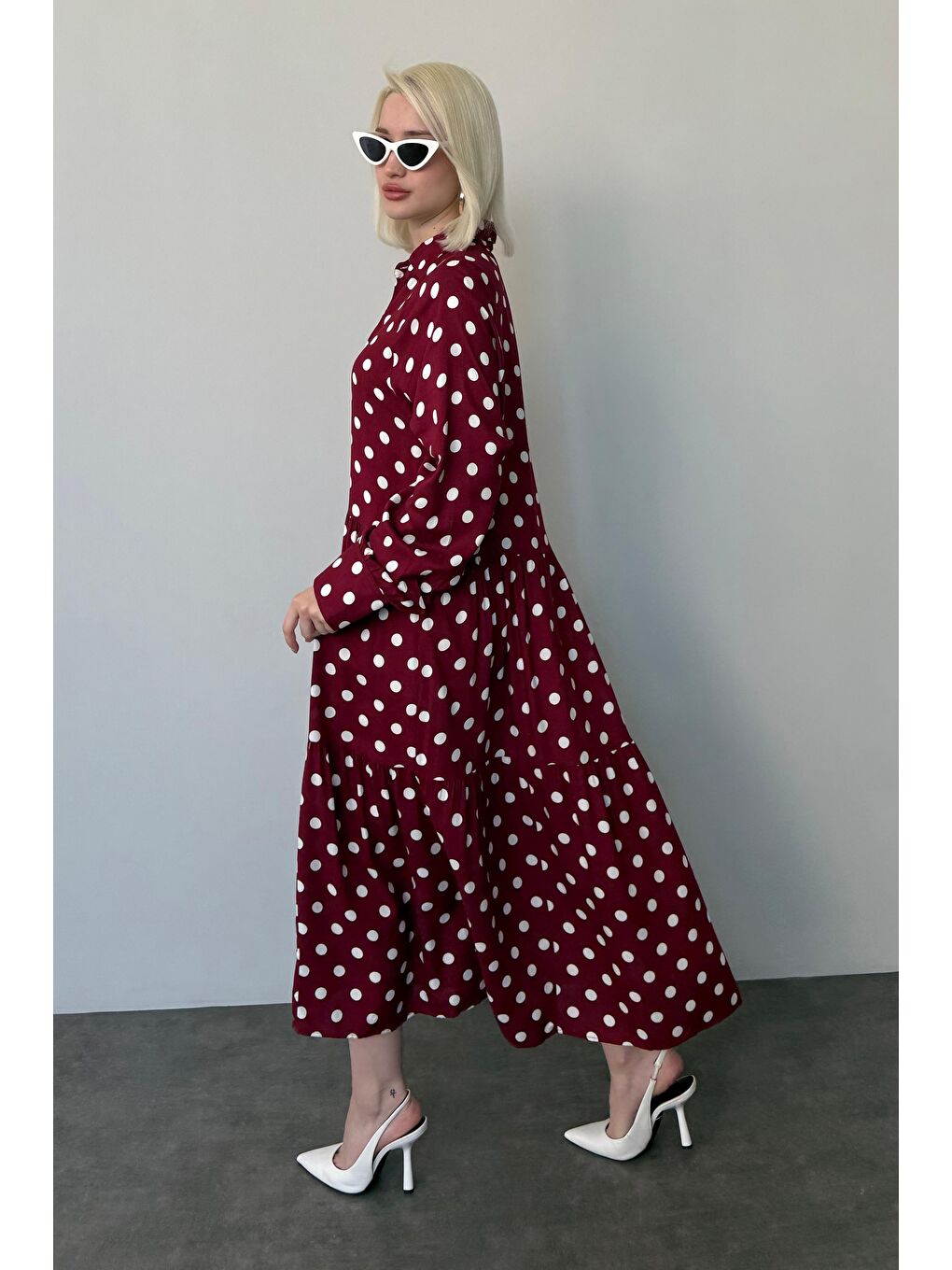 Bordo Uzun Kollu Düğmeli Desenli Elbise Mg2430-2