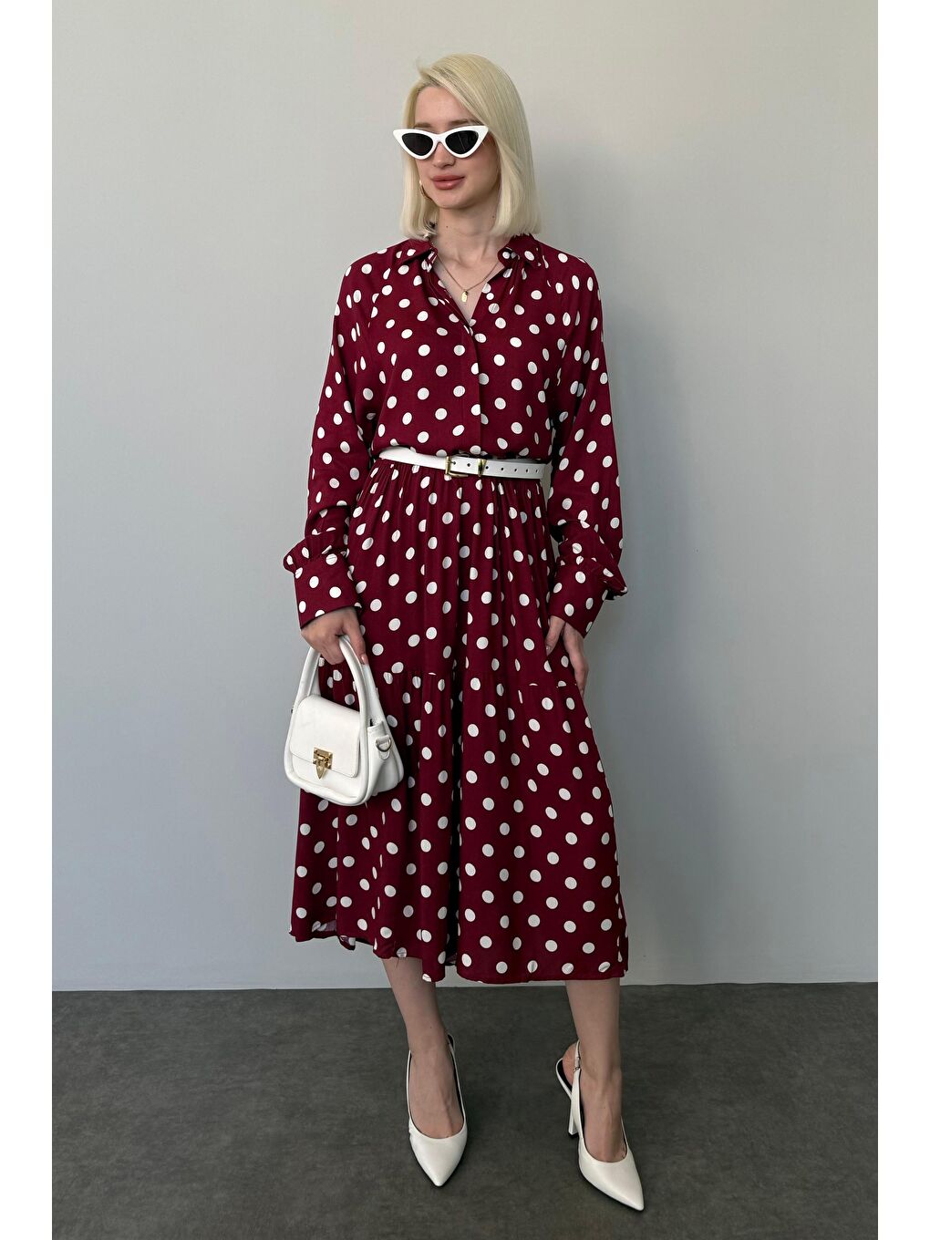 Bordo Uzun Kollu Düğmeli Desenli Elbise Mg2430-3