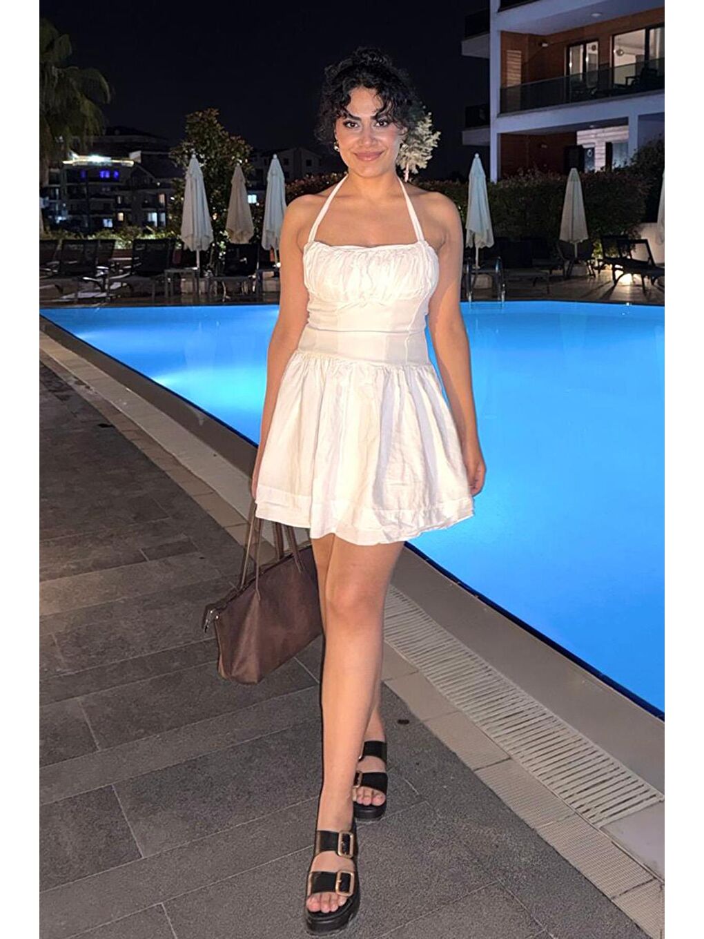 Beyaz Boyundan Bağlamalı Mini Elbise Mg2353