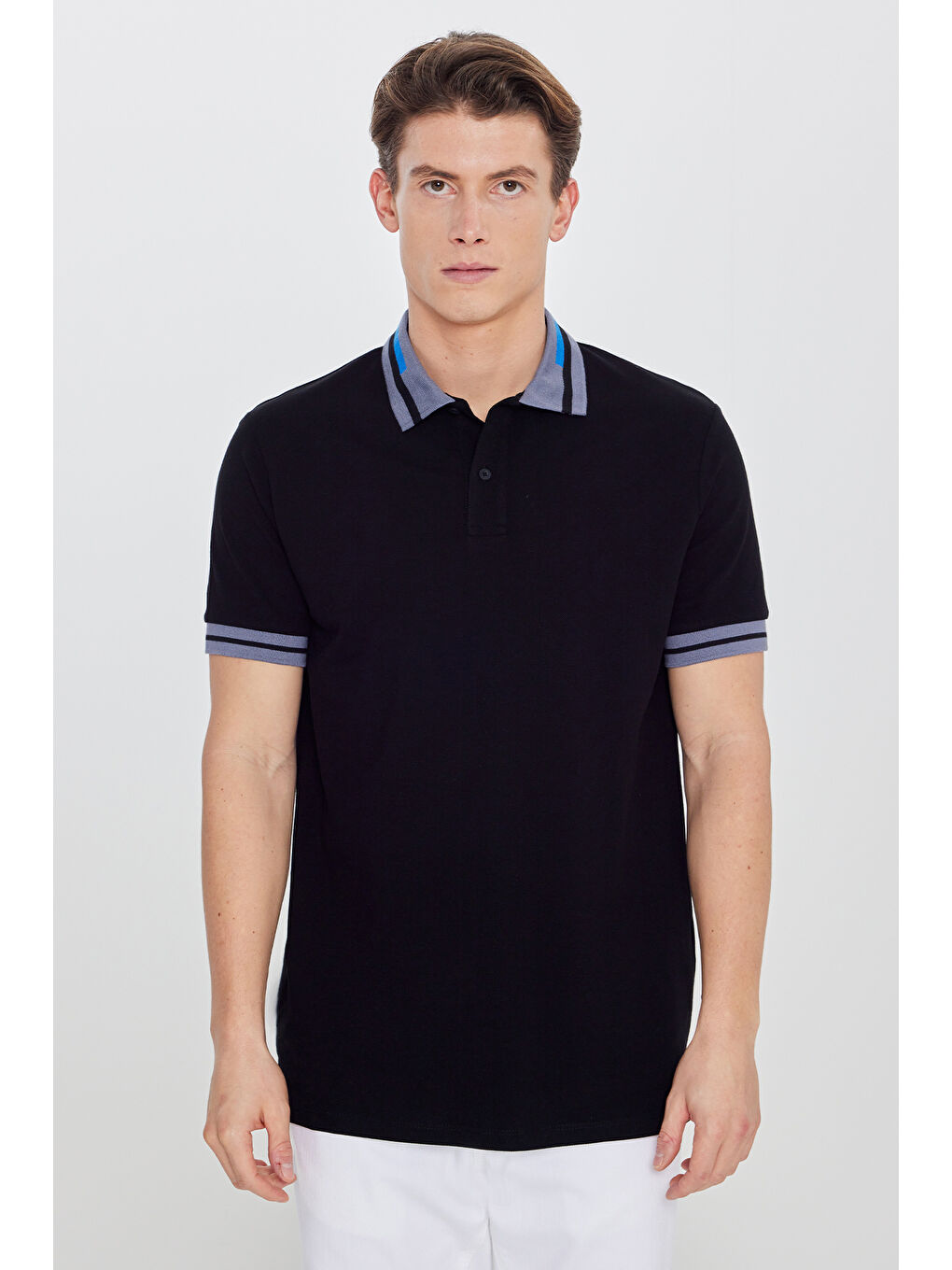 Erkek Siyah Slim Fit Dar Kesim %100 Pamuk Polo Yaka Tişört-1