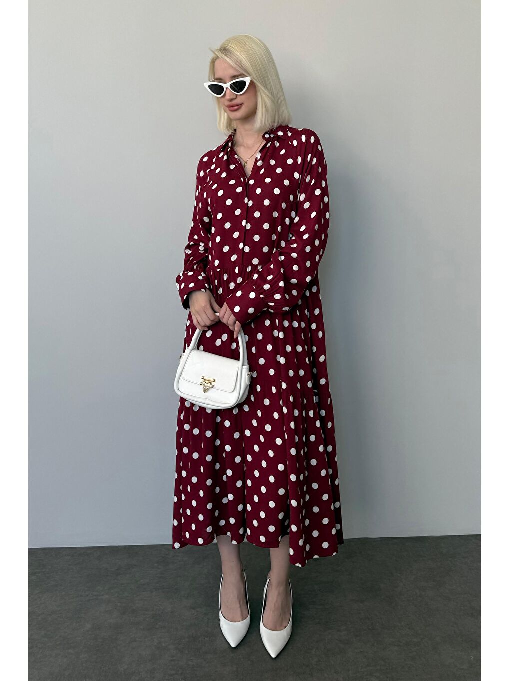 Bordo Uzun Kollu Düğmeli Desenli Elbise Mg2430-4