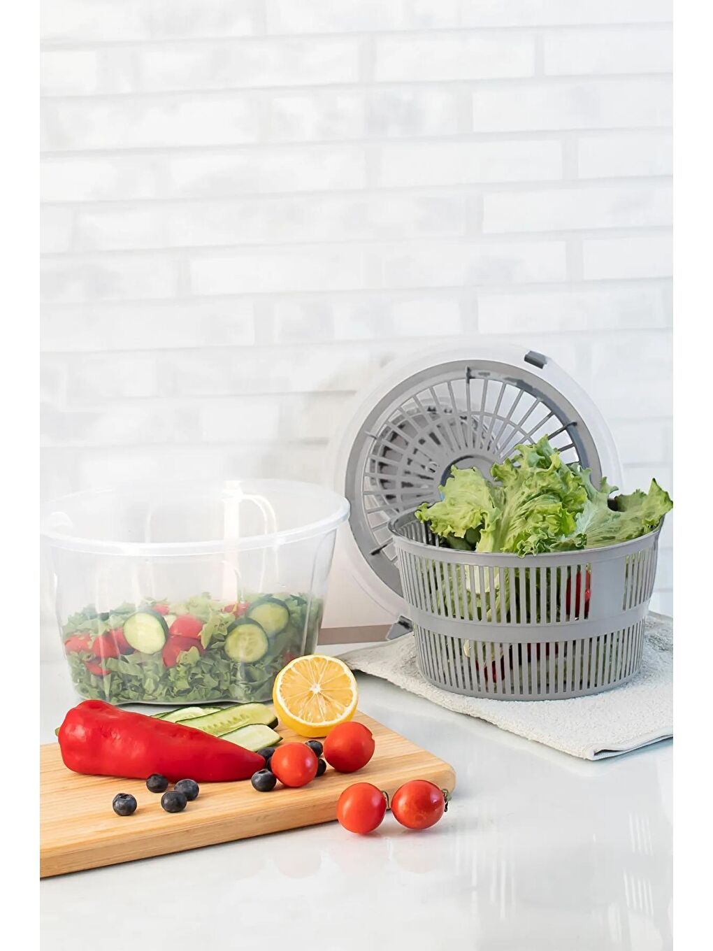 Pratik Salata Kurutucu - Meyve Sebze Yeşillik Yıkama Kurutma Kabı Gri