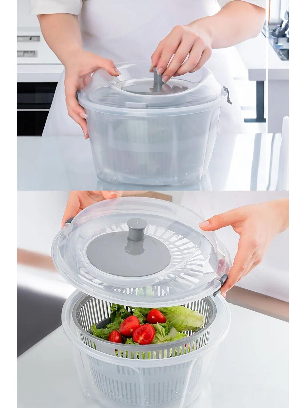 Pratik Salata Kurutucu - Meyve Sebze Yeşillik Yıkama Kurutma Kabı Gri-1