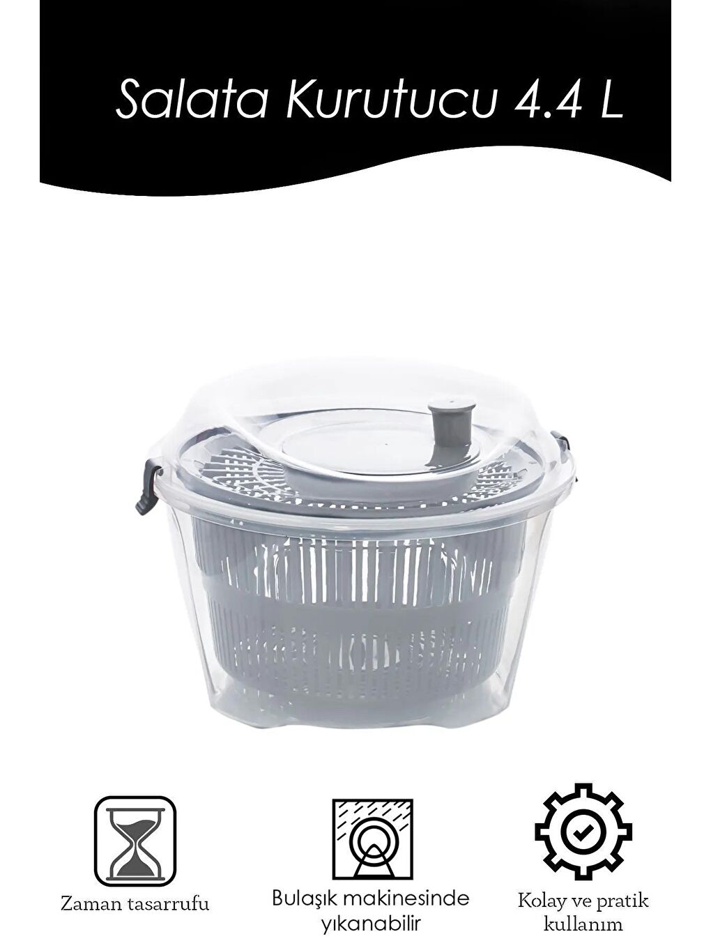 Pratik Salata Kurutucu - Meyve Sebze Yeşillik Yıkama Kurutma Kabı Gri-3