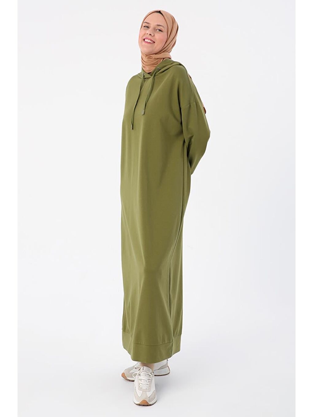 Haki-Kapüşonlu Elastanlı Örme Elbise-2