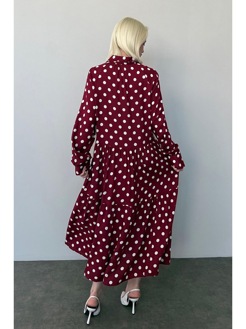 Bordo Uzun Kollu Düğmeli Desenli Elbise Mg2430-5