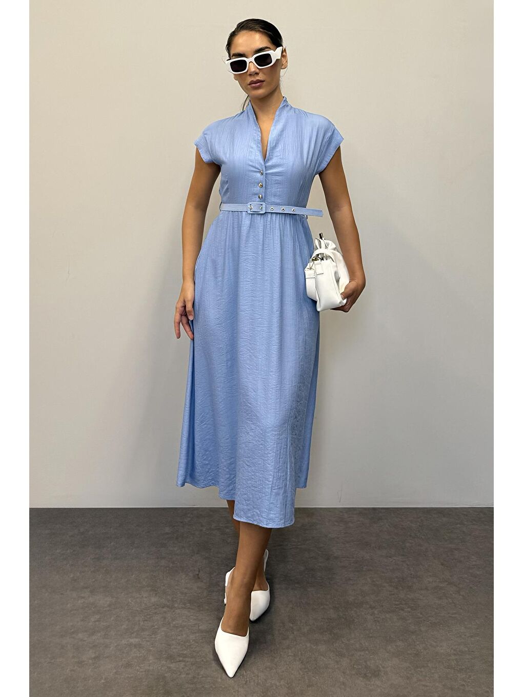 Bebe Mavisi Kısa Kollu Midi Boy Kadın Elbise Mg2497