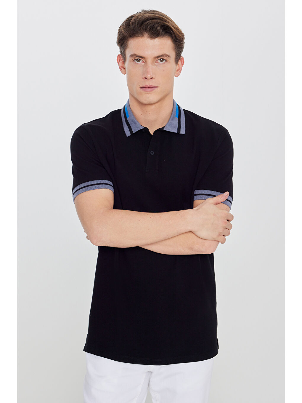 Erkek Siyah Slim Fit Dar Kesim %100 Pamuk Polo Yaka Tişört-4