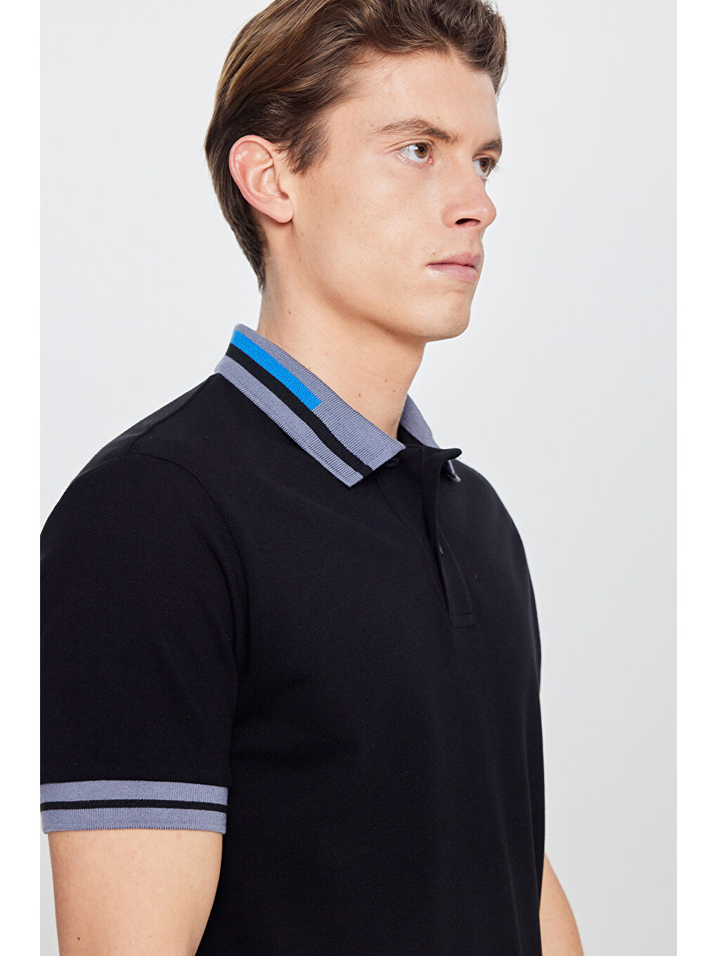 Erkek Siyah Slim Fit Dar Kesim %100 Pamuk Polo Yaka Tişört-5