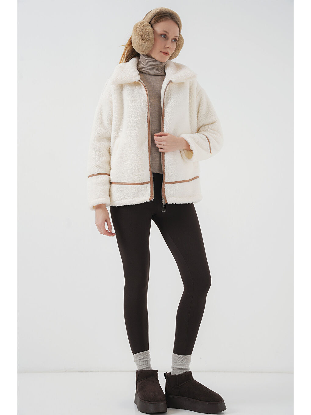 Sarı 5173 Astarlı Pelüş Ceket   Camel