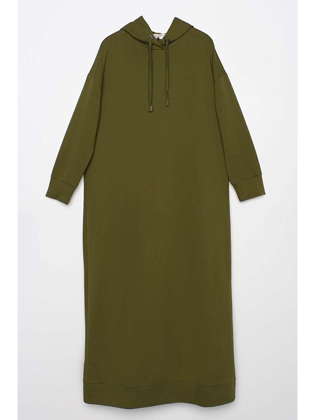 Haki-Kapüşonlu Elastanlı Örme Elbise-5