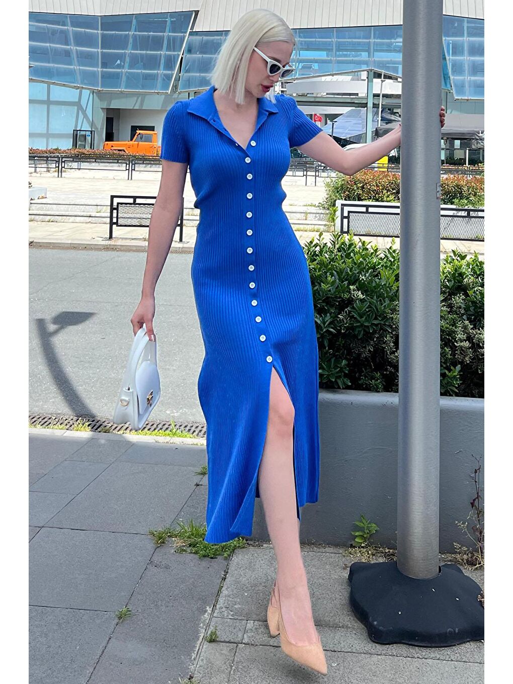 Mavi Düğmeli V Yaka Uzun Triko Elbise Mg2078-2