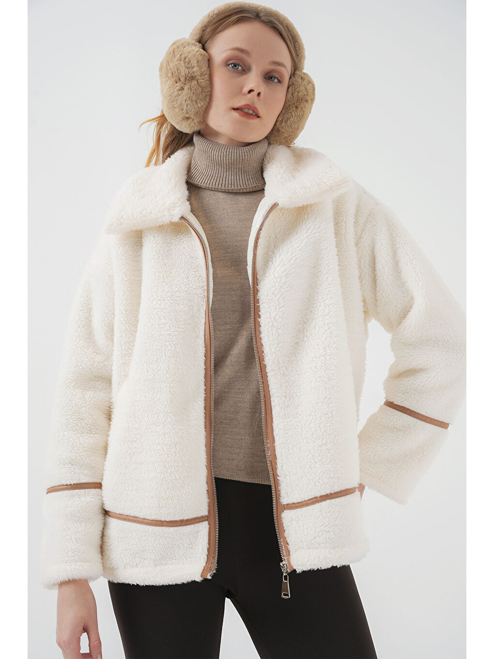 Sarı 5173 Astarlı Pelüş Ceket   Camel-3