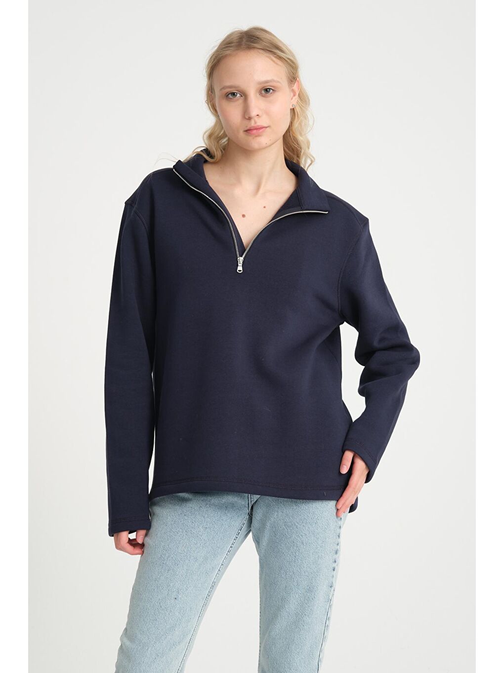 Lacivert Kadın Rahat Kalıp İçi Polarlı 3 iplik Yarım Fermuarlı SweatShırt spr24swK21-1