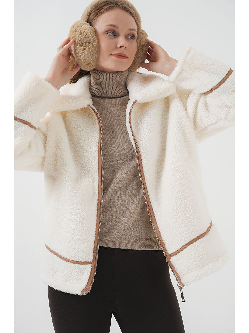 Sarı 5173 Astarlı Pelüş Ceket   Camel-4