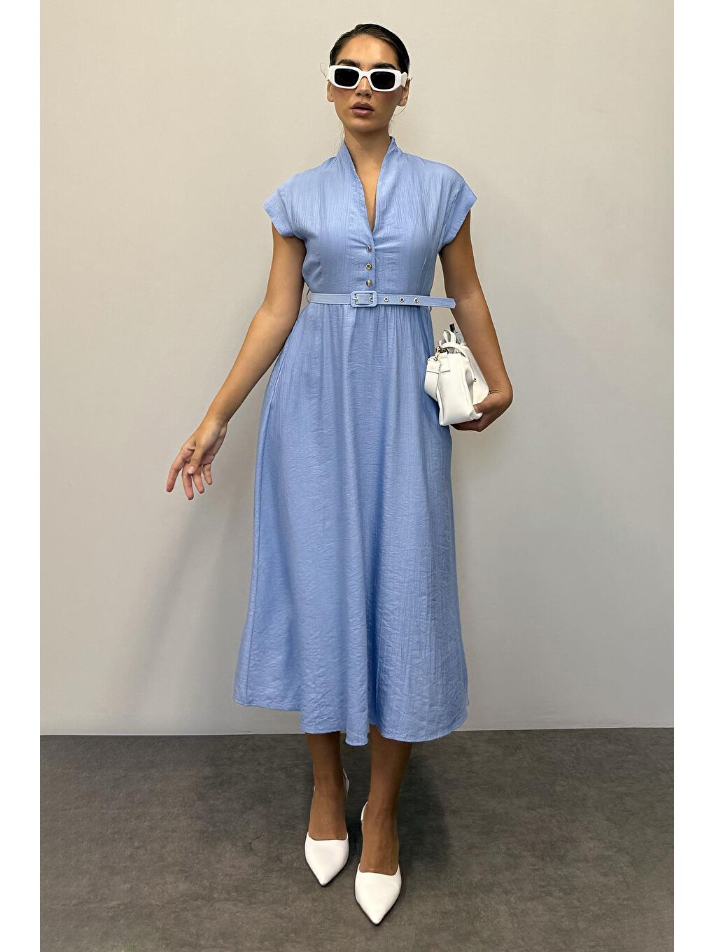 Bebe Mavisi Kısa Kollu Midi Boy Kadın Elbise Mg2497-3