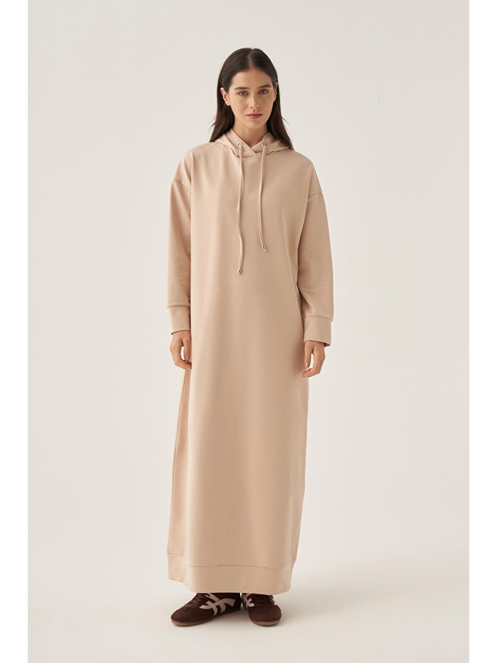 Bej Basic Kapüşonlu Örme Pamuklu Elbise