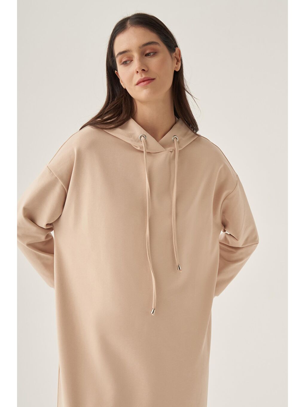 Bej Basic Kapüşonlu Örme Pamuklu Elbise-1