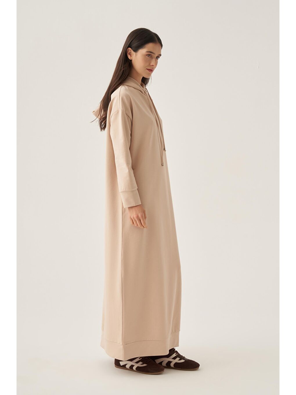 Bej Basic Kapüşonlu Örme Pamuklu Elbise-2