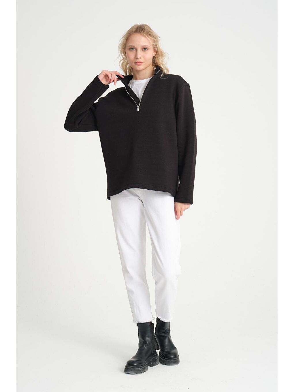 Siyah Kadın Rahat Kalıp İçi Polarlı 3 iplik Yarım Fermuarlı SweatShırt spr24swK21
