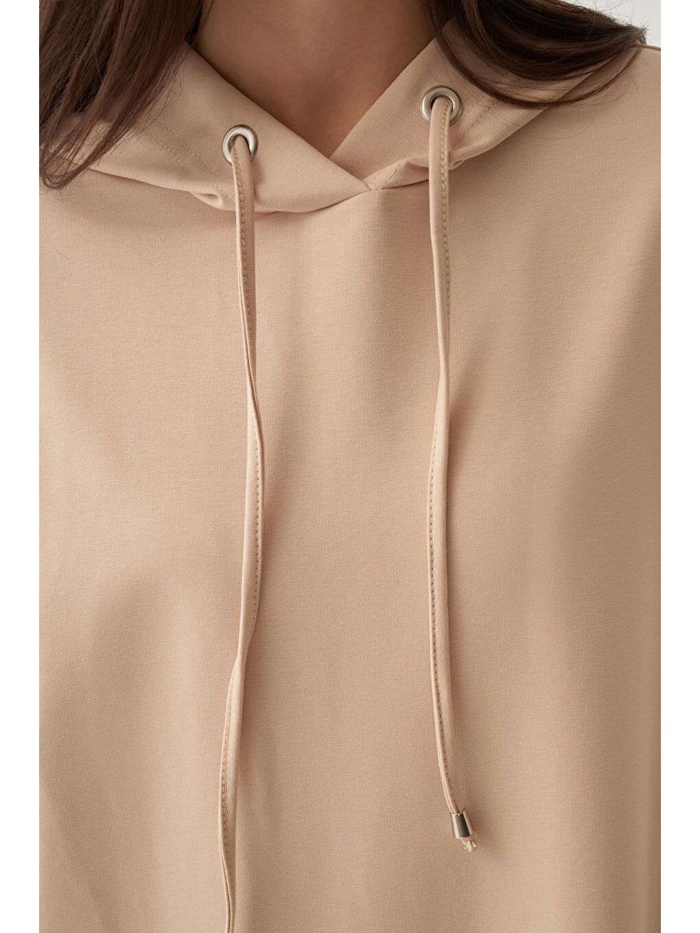 Bej Basic Kapüşonlu Örme Pamuklu Elbise-4