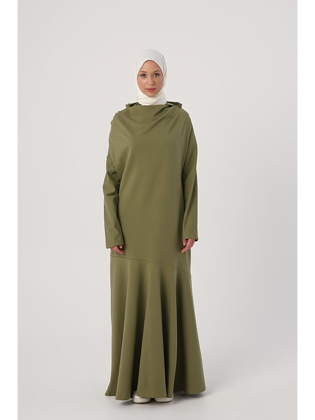 Açık Haki Degaje Yaka Kapüşonlu Elbise-1