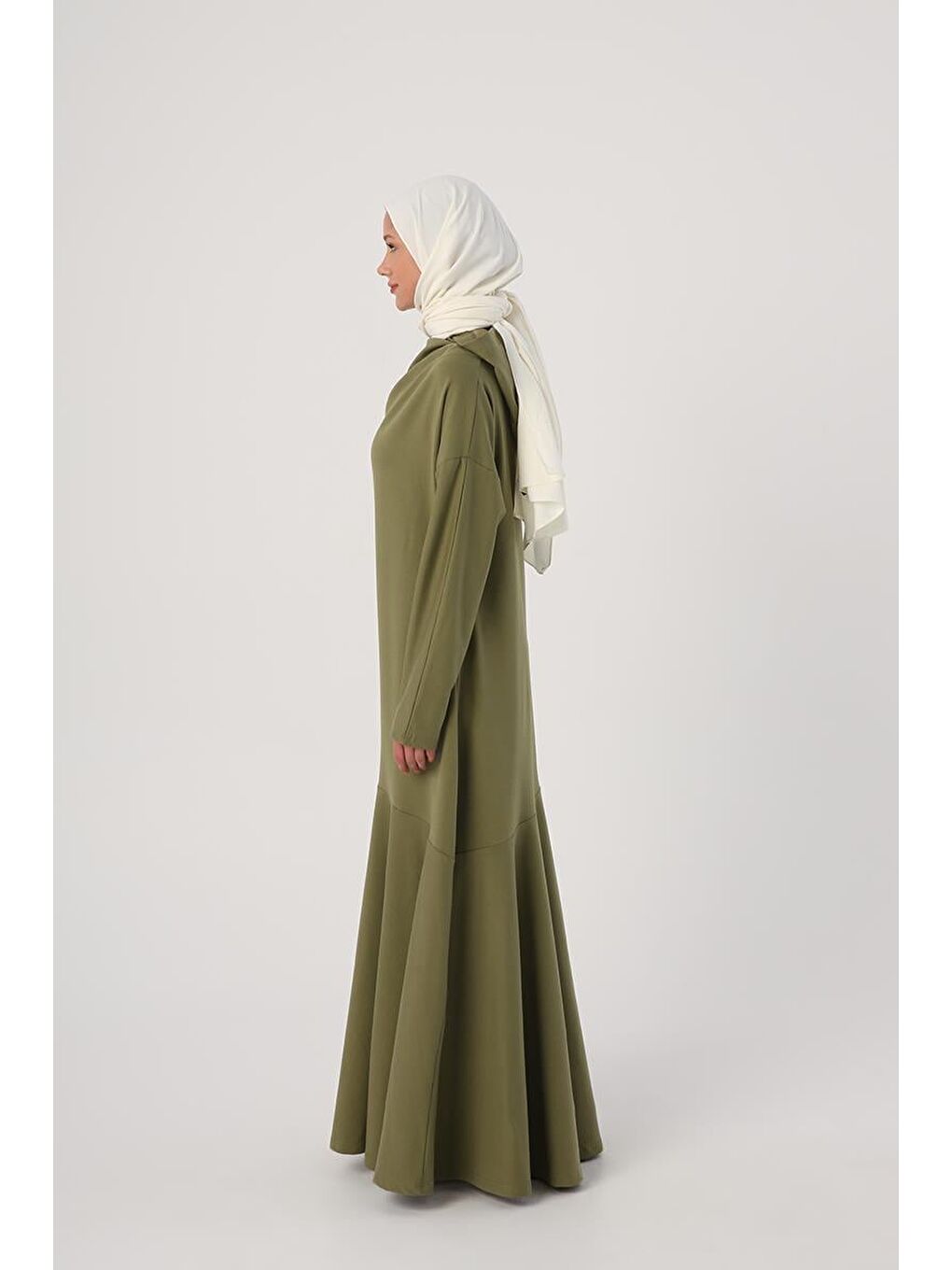 Açık Haki Degaje Yaka Kapüşonlu Elbise-2