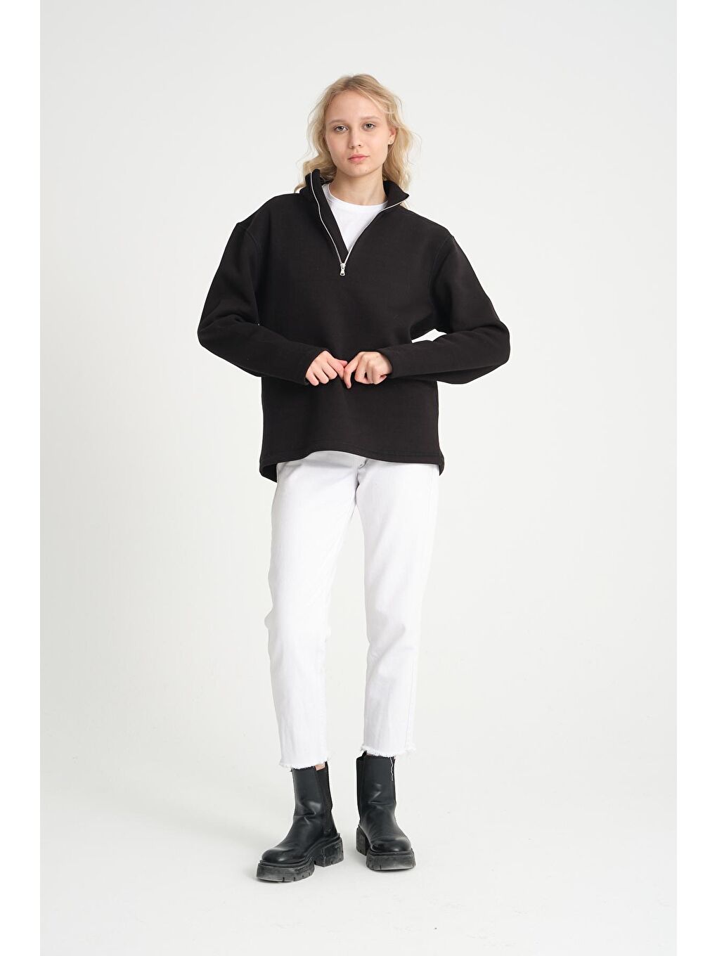 Siyah Kadın Rahat Kalıp İçi Polarlı 3 iplik Yarım Fermuarlı SweatShırt spr24swK21-1