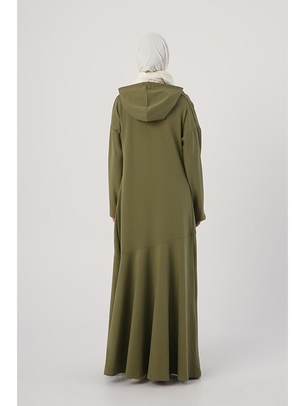 Açık Haki Degaje Yaka Kapüşonlu Elbise-3