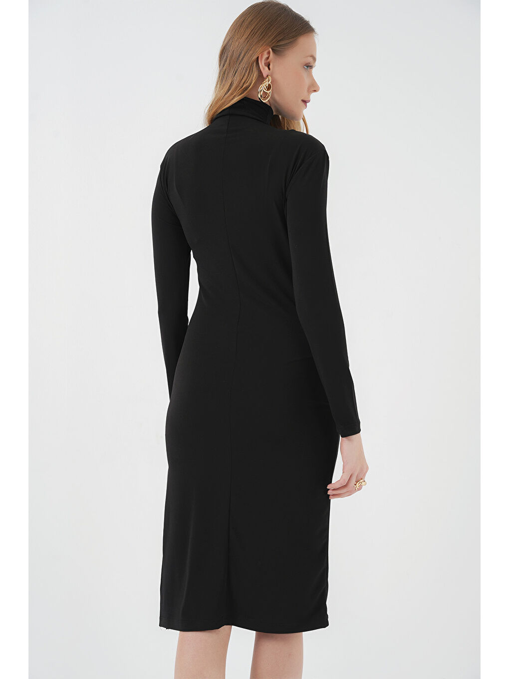 2522 Yırtmaçlı Drapeli Elbise - Siyah-2