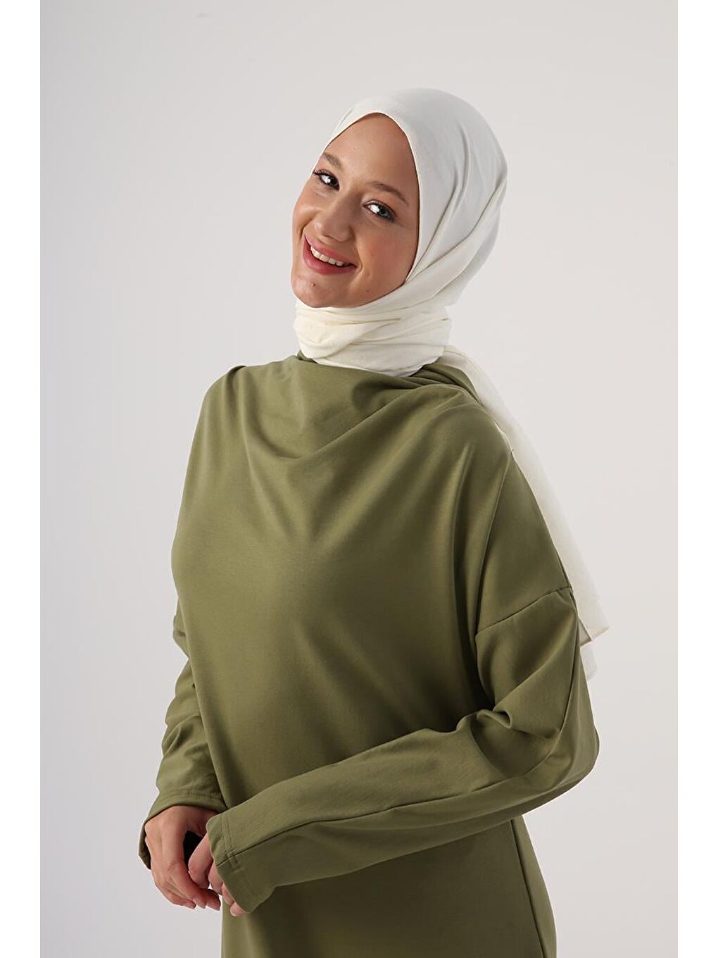 Açık Haki Degaje Yaka Kapüşonlu Elbise-4