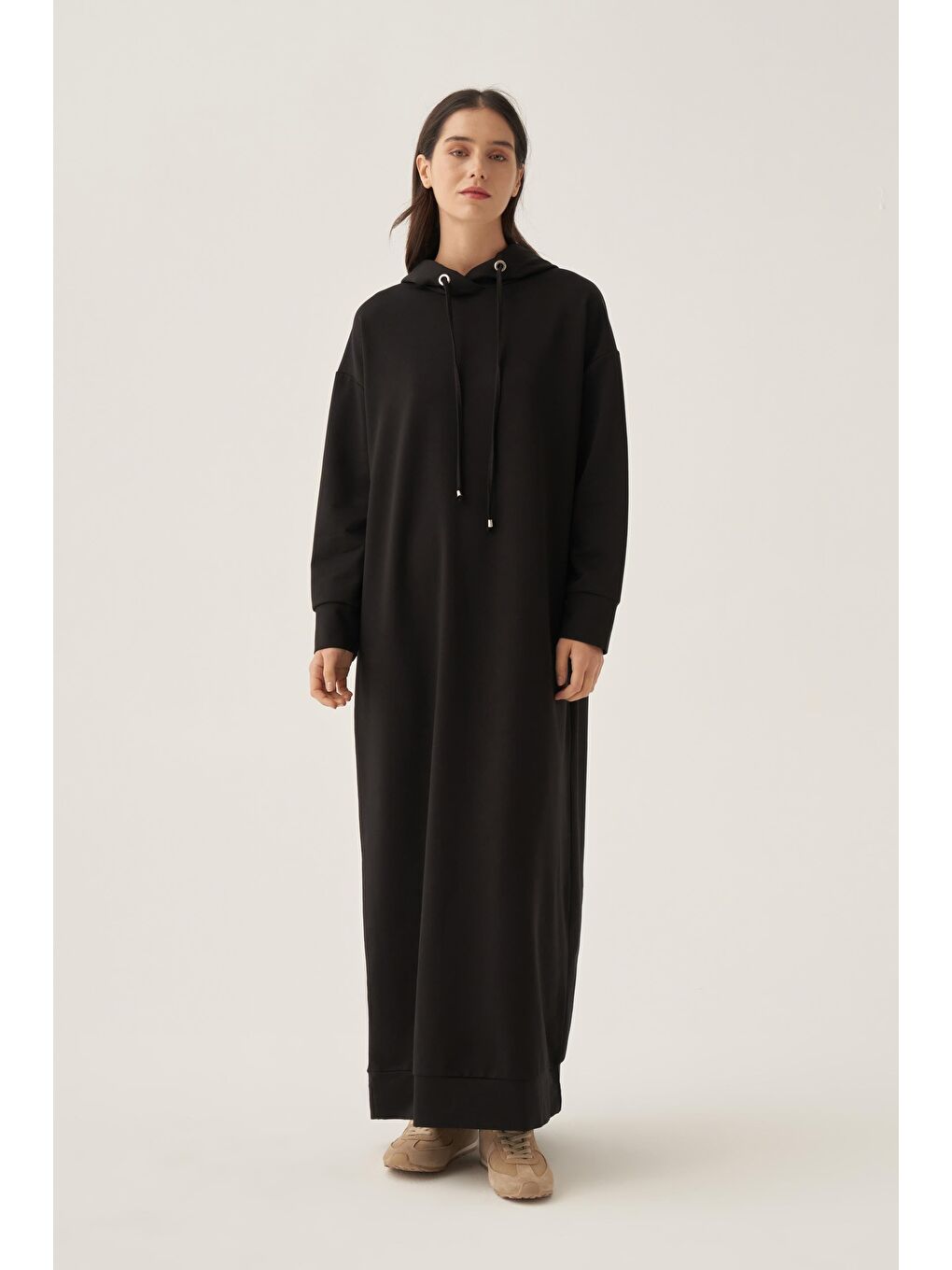 Siyah Basic Kapüşonlu Örme Pamuklu Elbise-1