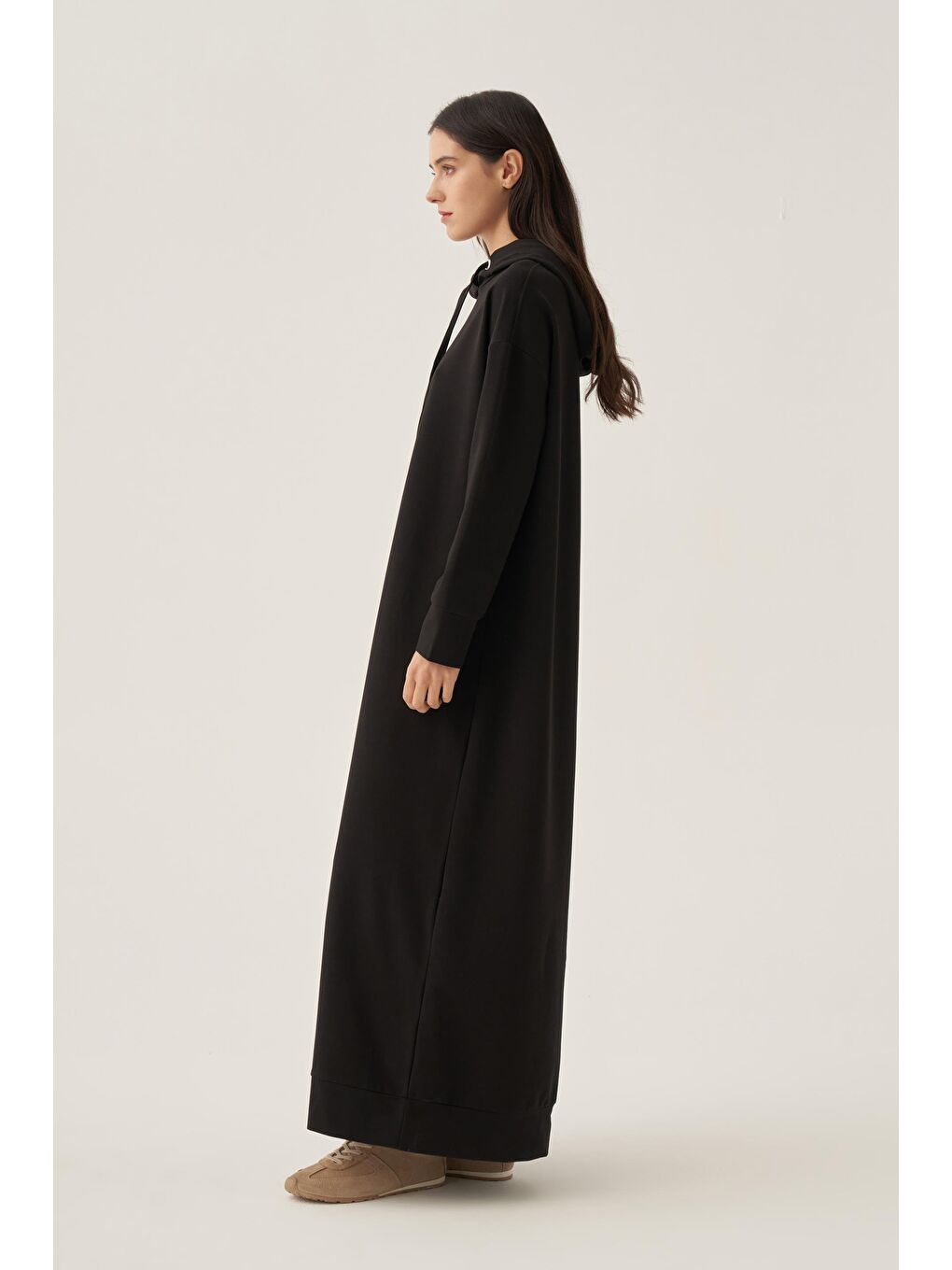 Siyah Basic Kapüşonlu Örme Pamuklu Elbise-2