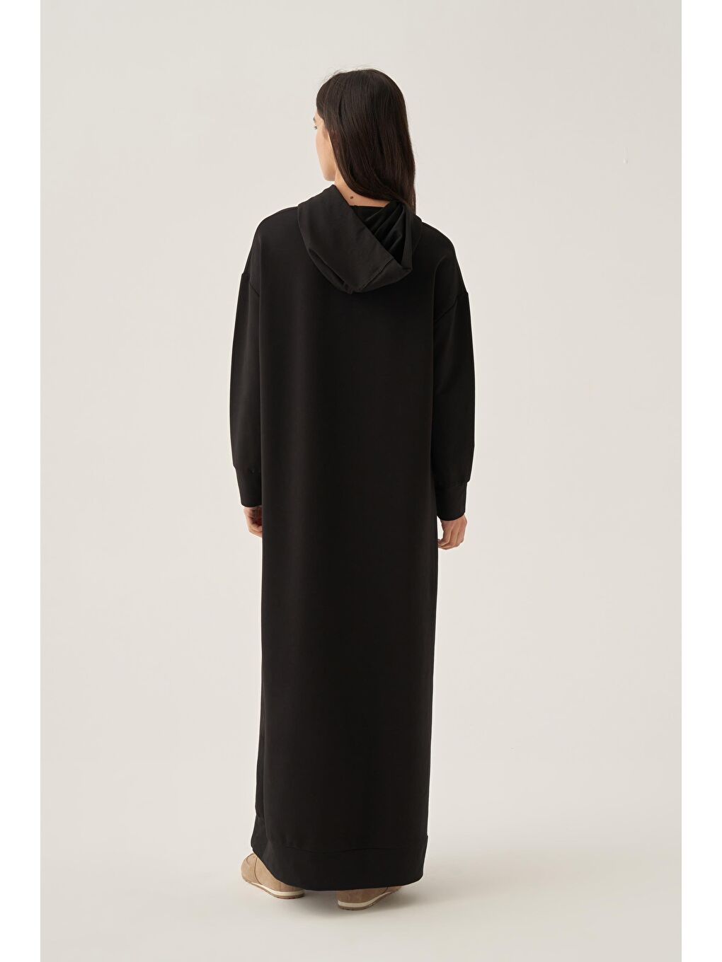 Siyah Basic Kapüşonlu Örme Pamuklu Elbise-3