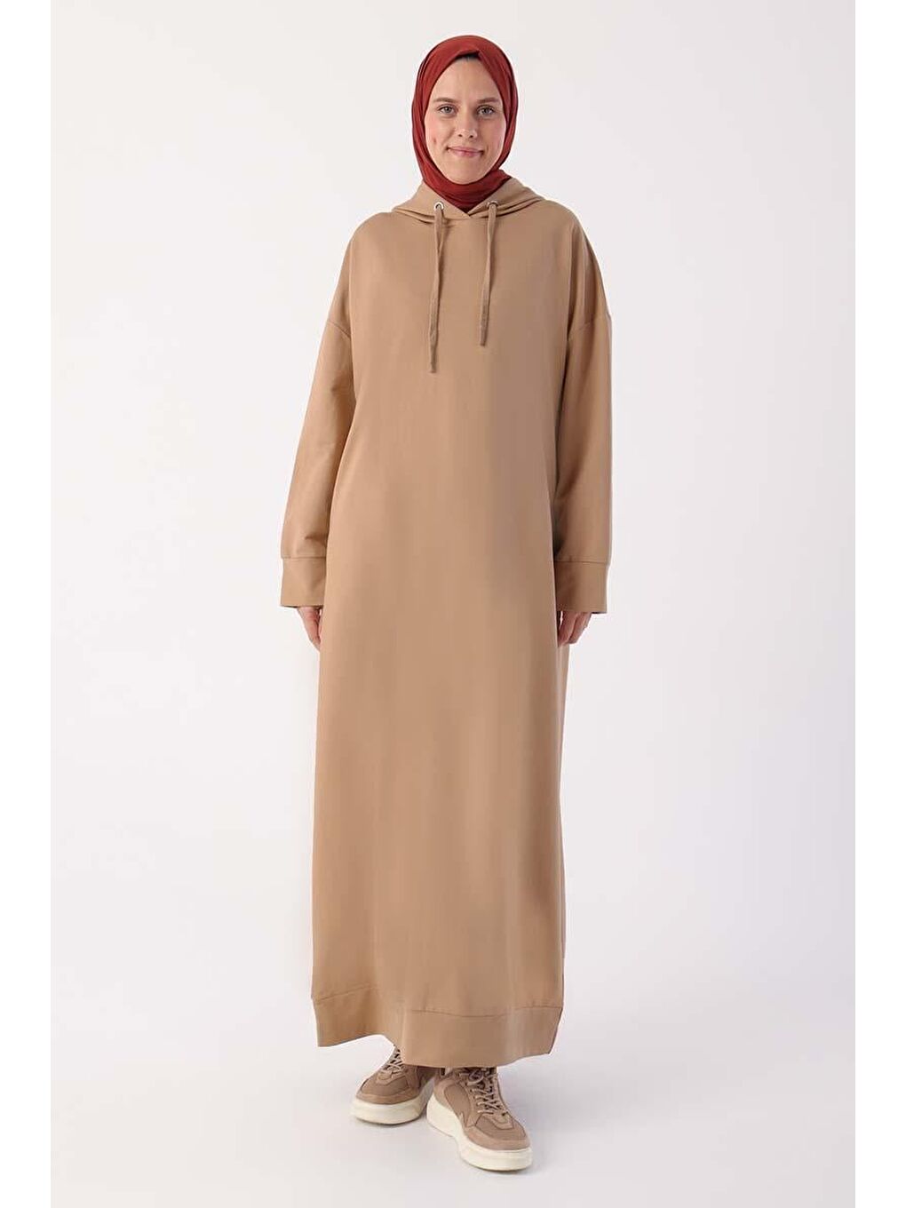 Bej Büyük Beden Kapüşonlu Basic Örme Elbise-1