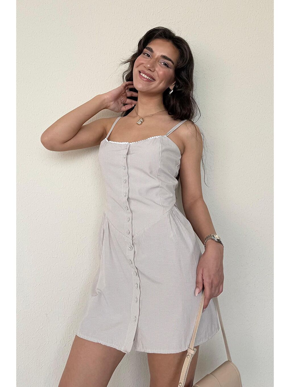 Bej Pötikareli Kadın Mini Elbise Mg2387-1