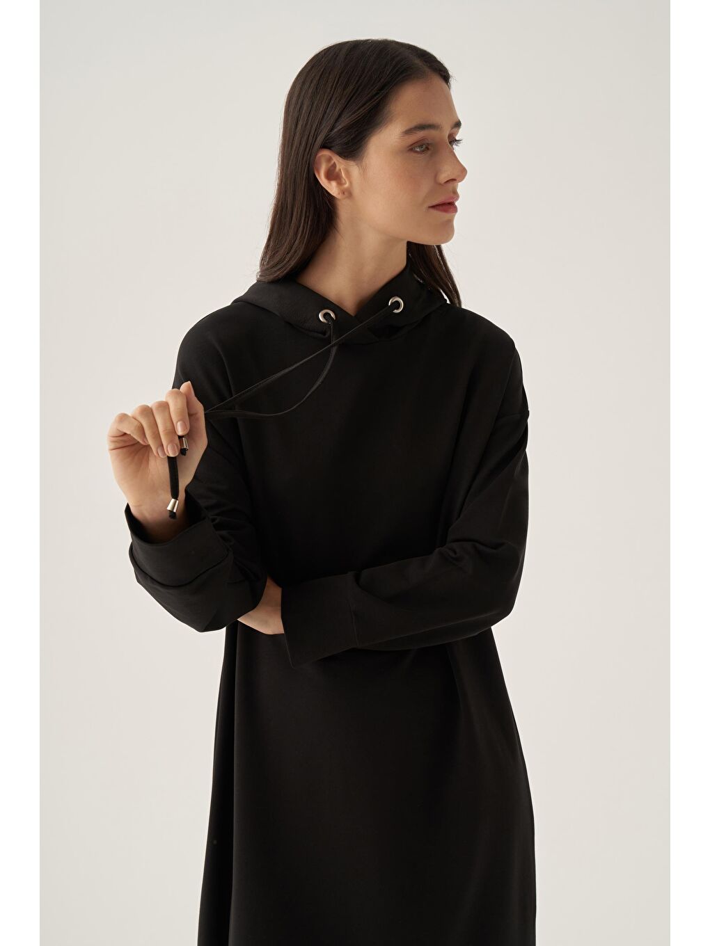 Siyah Basic Kapüşonlu Örme Pamuklu Elbise-4