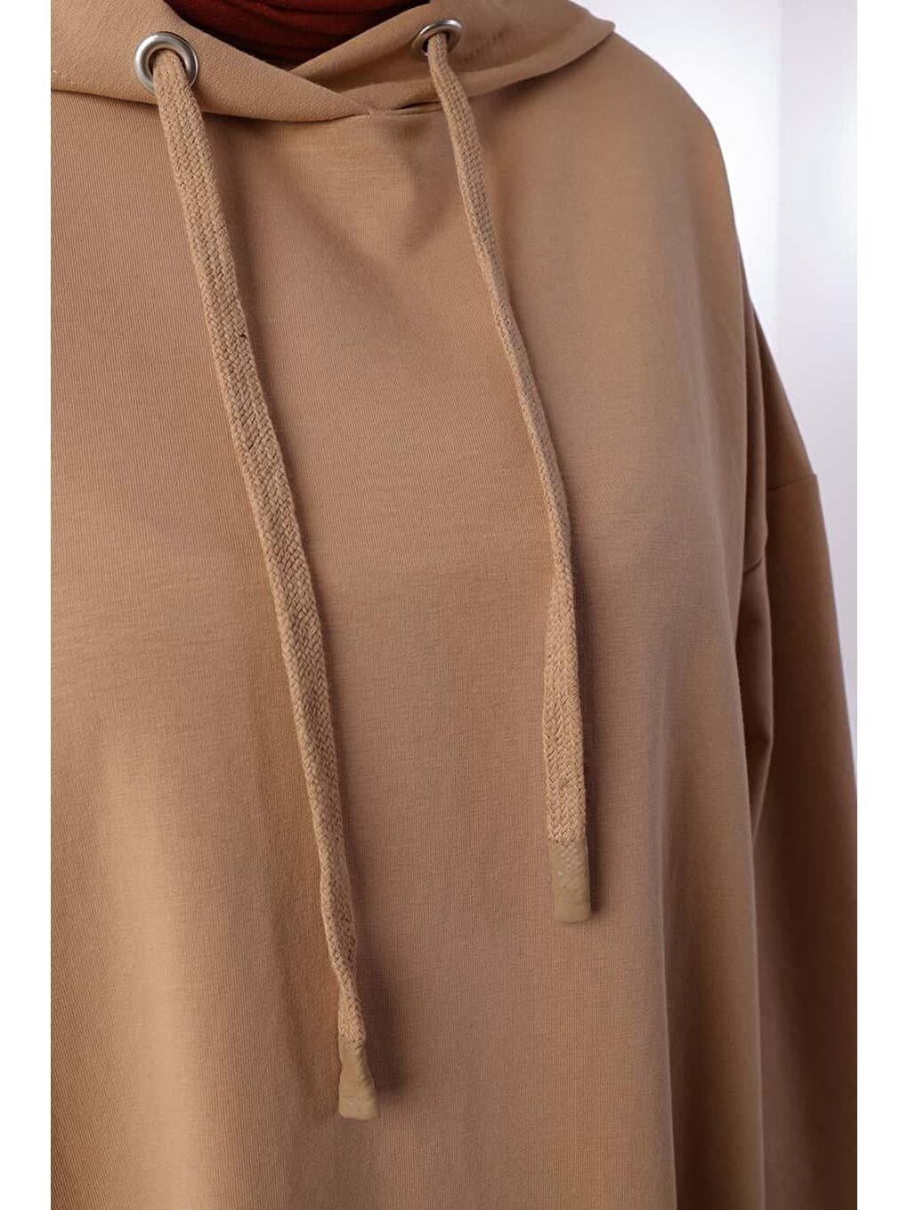 Bej Büyük Beden Kapüşonlu Basic Örme Elbise-3