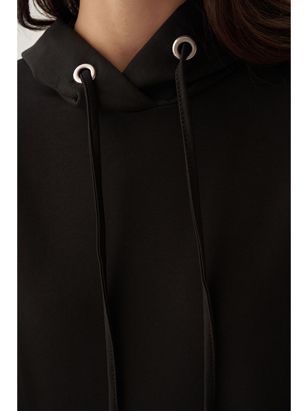 Siyah Basic Kapüşonlu Örme Pamuklu Elbise-5