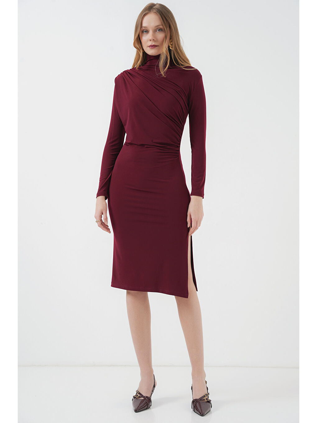 2522 Yırtmaçlı Drapeli Elbise - Bordo-1