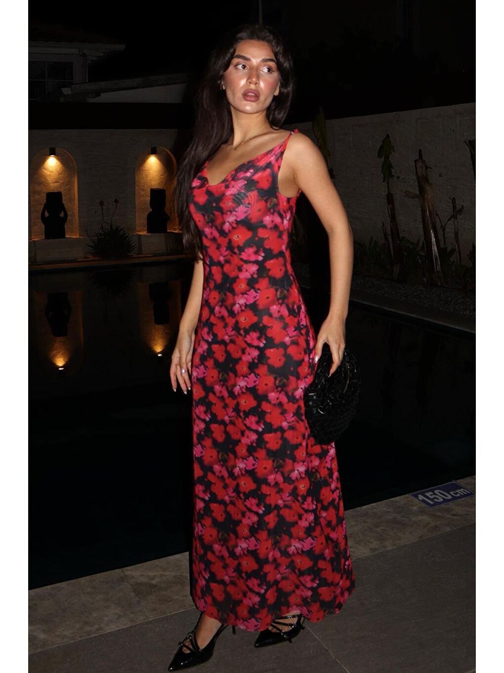 Kırmızı Desenli Ayarlanabilir Askılı Kadın Elbise Mg2385-2