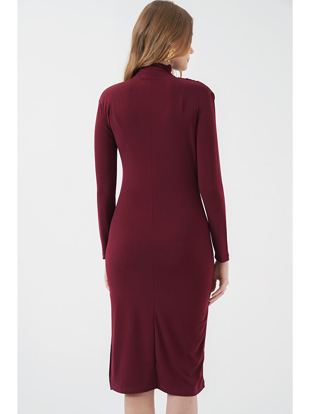 2522 Yırtmaçlı Drapeli Elbise - Bordo-3