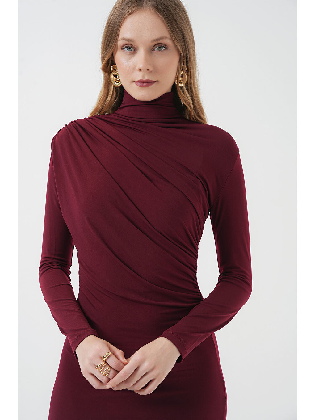 2522 Yırtmaçlı Drapeli Elbise - Bordo-4