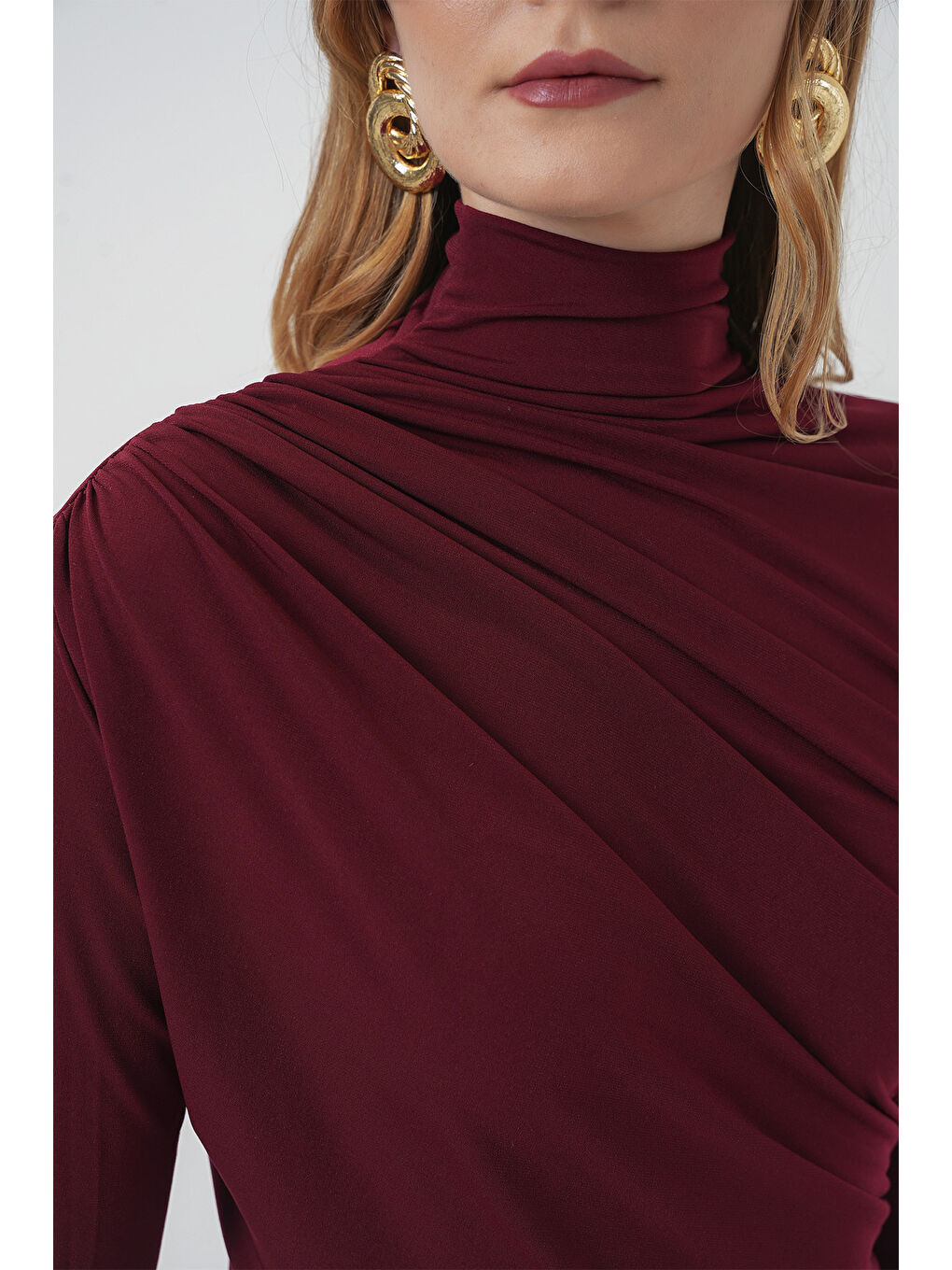 2522 Yırtmaçlı Drapeli Elbise - Bordo-5