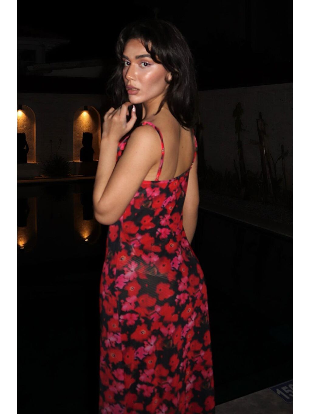 Kırmızı Desenli Ayarlanabilir Askılı Kadın Elbise Mg2385-3