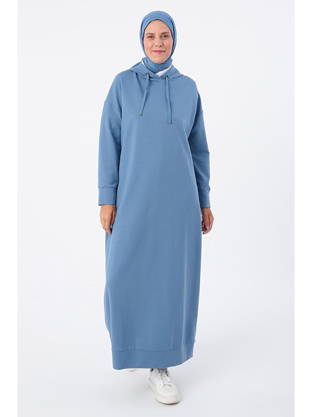 Mavi-Kapüşonlu Elastanlı Örme Elbise-1