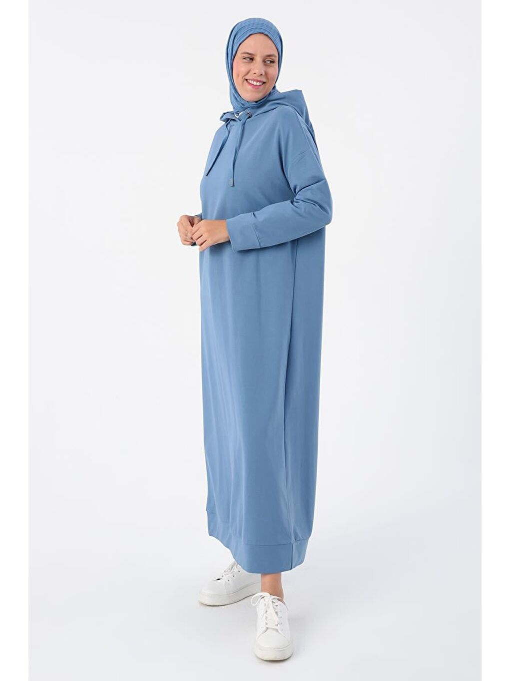 Mavi-Kapüşonlu Elastanlı Örme Elbise-2
