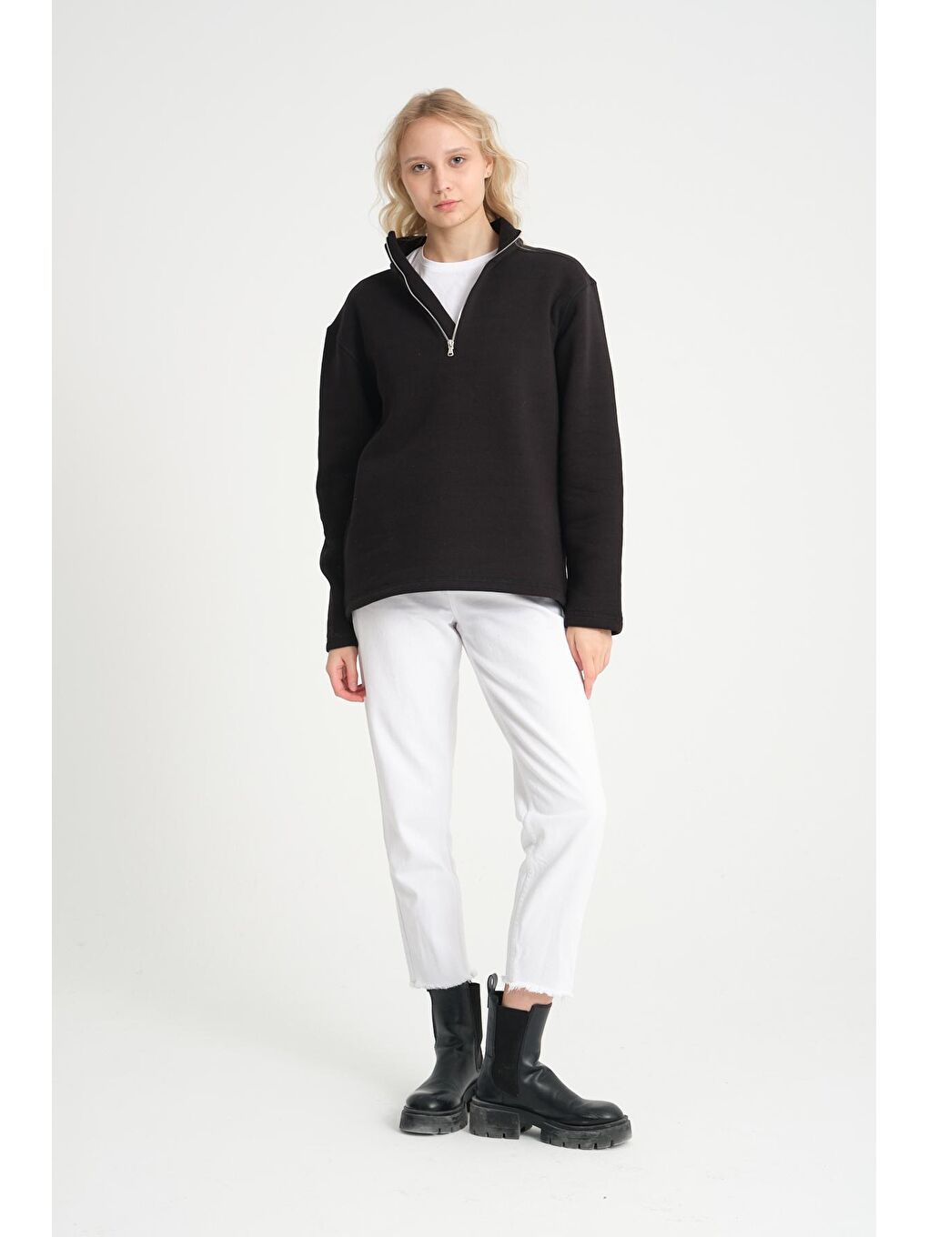 Siyah Kadın Rahat Kalıp İçi Polarlı 3 iplik Yarım Fermuarlı SweatShırt spr24swK21-4