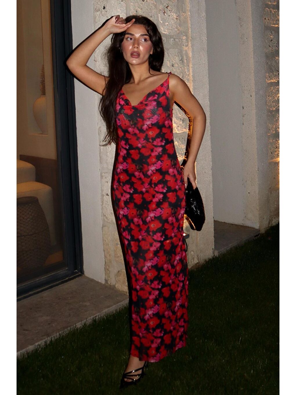 Kırmızı Desenli Ayarlanabilir Askılı Kadın Elbise Mg2385-5